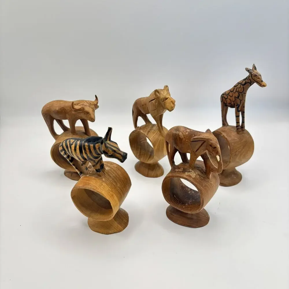Vintage Set of 5 Hand Carved African Safari Animal Wooden Napkin Rings Footed